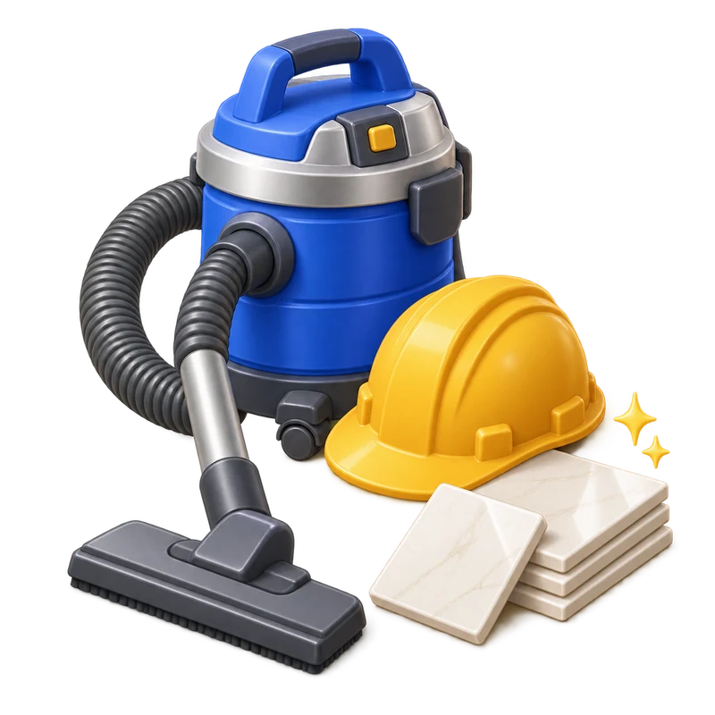 Illustrazione 3D di un aspiratore professionale, casco da cantiere e piastrelle