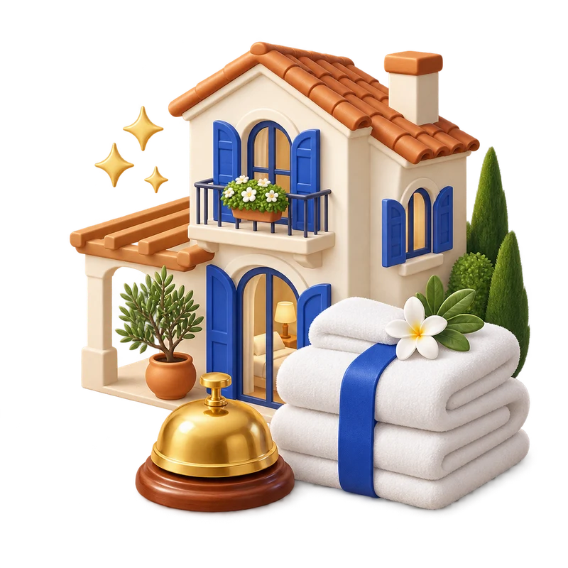 Illustrazione 3D di una villa mediterranea, asciugamani e campanello da reception